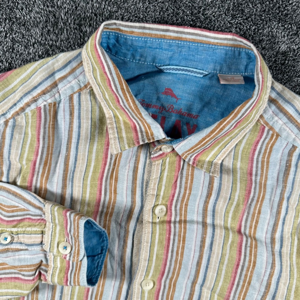 Tommy Bahama Linen Shirt Mens L Relax Multi-Color Stripe Button Down Long Sleeve